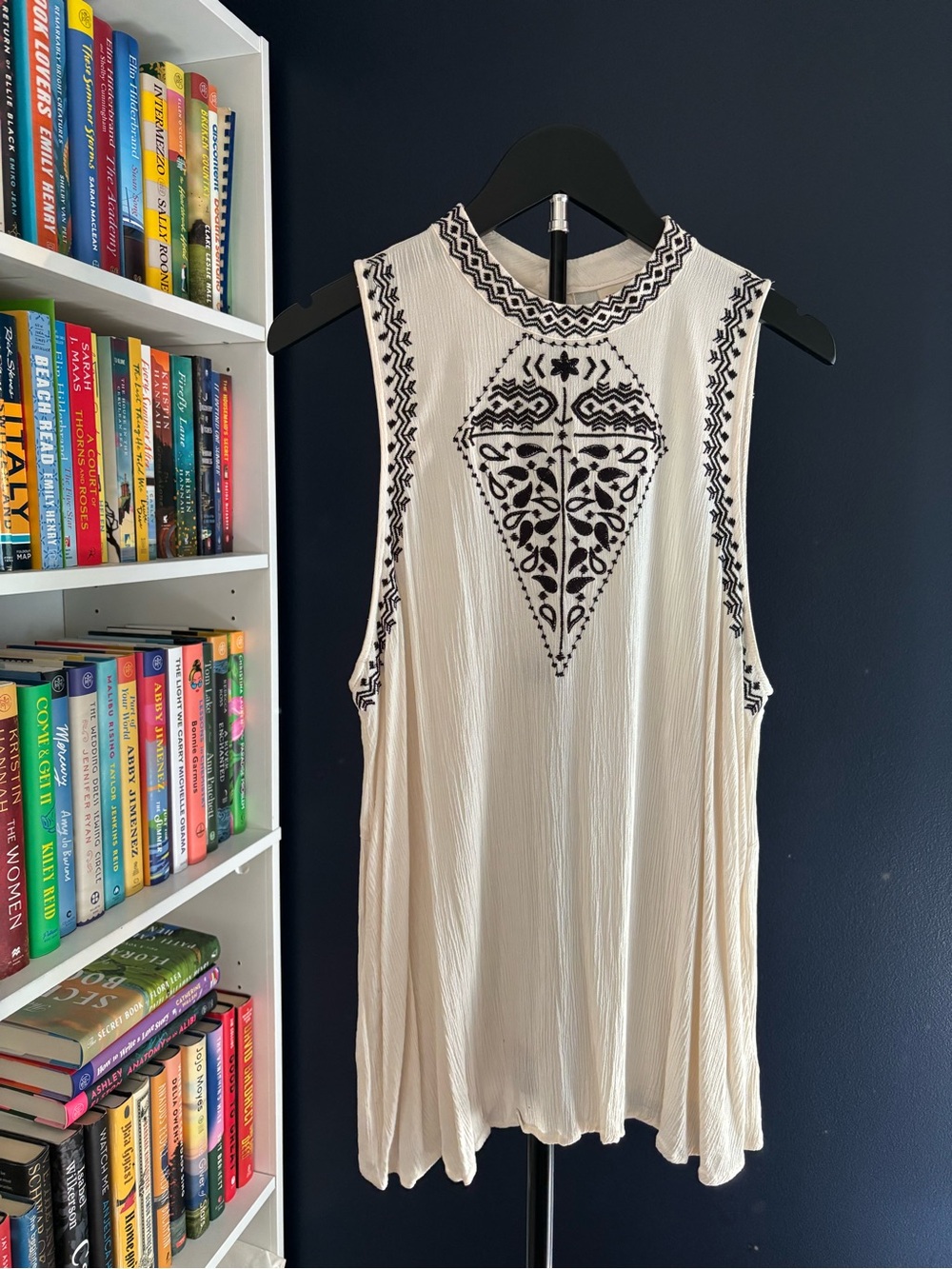 Mossimo Supply Co. Cream Tank Top with Black Embroidery